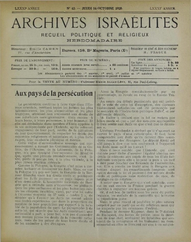 Archives israélites de France. Vol.81 N°42 (14 oct. 1920)